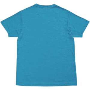 A blue unisex T-shirt made of 100% polyester, featuring a simple back design with a logo.