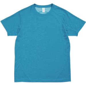 A blue unisex T-shirt made of 100% polyester, featuring a logo on the label.