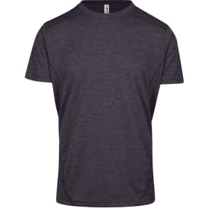 A dark grey men's unisex T-shirt made of 100% polyester, featuring a simple design and a logo.