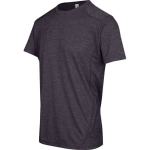 A dark grey, 100% polyester T-shirt with short sleeves and a logo on the design.