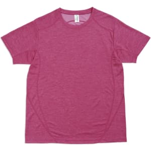 A pink unisex T-shirt made of 100% polyester, featuring short sleeves and a logo.