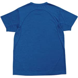 A blue unisex T-shirt made of 100% polyester, featuring a logo and a relaxed fit design on the back.