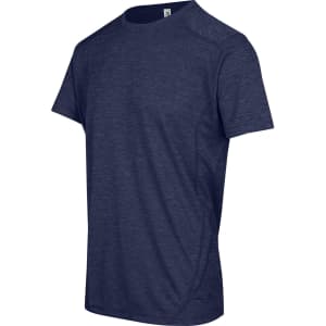 A navy blue men's/unisex challenger T-shirt made from 100% polyester, featuring a logo on the label.