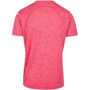 A red unisex T-shirt made of 100% polyester, featuring a simple design and an unspecified logo.