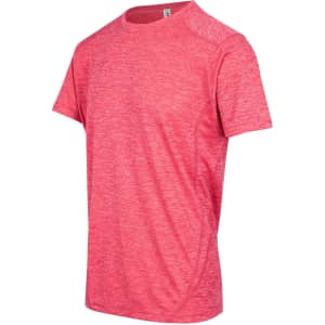 A red unisex T-shirt made from 100% polyester, featuring a logo.