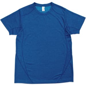 A blue polyester T-shirt with short sleeves and a logo, featuring a sporty design.