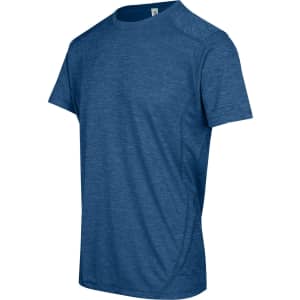 A blue unisex polyester T-shirt with short sleeves and a subtle texture, featuring a logo.