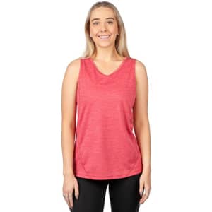 A pink women's singlet made from 100% polyester, featuring a rounded neckline and a branding logo.