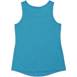 A turquoise women's singlet made of 100% polyester, featuring a rounded hem and a tag for branding.