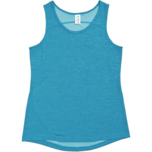 A teal women's singlet made of 100% polyester, featuring a rounded neckline and a logo at the label.