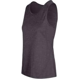 A dark grey women's singlet made of 100% polyester, featuring a simple design and a logo.