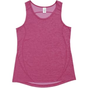 A women's singlet in a vibrant pink hue, made from 100% polyester, featuring a logo on the label.
