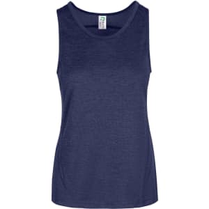 A women's navy polyester singlet featuring a round neckline and a brand logo on the label.