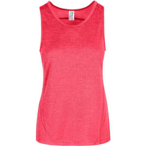 A red women's singlet made from 100% polyester, featuring a simple design and a logo on the label.