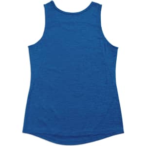 A blue women's singlet made from 100% polyester, featuring a plain back and a rounded hemline.
