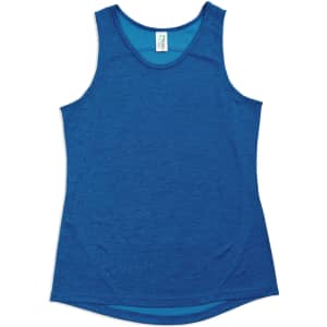 A blue women's singlet made of 100% polyester, featuring a rounded neckline and a logo.