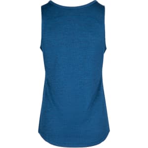 A blue women's singlet with a smooth texture and a round neckline, featuring a logo on the back.