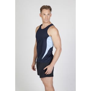 A men's singlet in navy blue with light blue accents, featuring a logo on the upper left side.