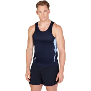A navy blue men's singlet with light blue accents, featuring a logo on the front, worn by a model.