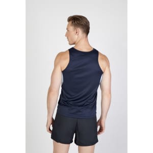 A man wearing a navy blue singlet with a logo, viewed from the back, showcasing a sporty design.