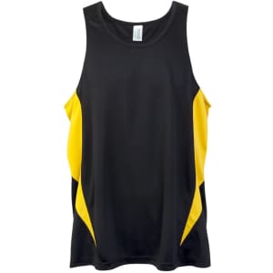 A black and yellow men's singlet featuring a sleek design and a logo on the label.