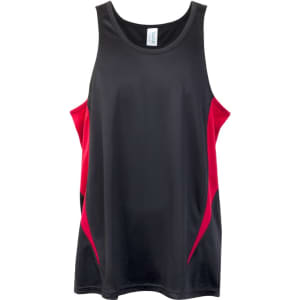 A black and red singlet featuring a sporty design and a logo on the front.