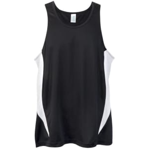 A black singlet with white accents, featuring a logo on the front and designed for cool, dry comfort.