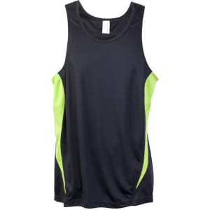 A black singlet with green accents, made of cool dry fabric, featuring a logo on the front.