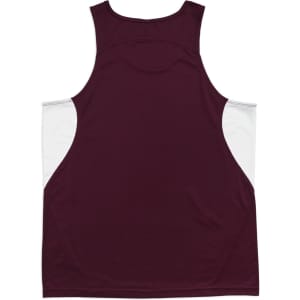 A maroon singlet with white side panels and a branding logo on the back.