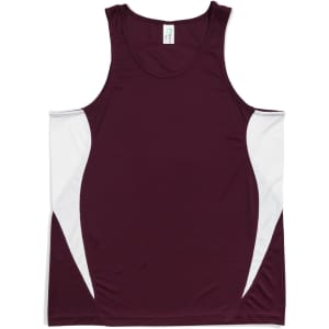 A maroon men's singlet with white side panels and a logo on the label.