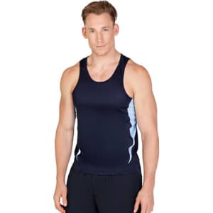A navy singlet for men with light blue side panels, featuring a logo on the front.