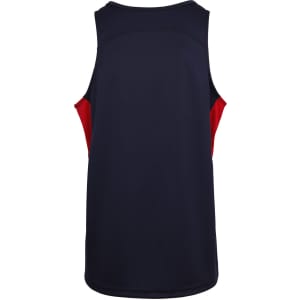 A navy and red men's singlet with a round neck and sleeveless design, featuring a branding logo.