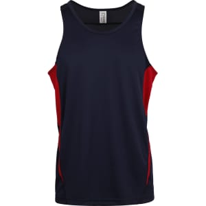 A navy and red men's singlet featuring a logo, designed with a cool dry fabric for comfort.