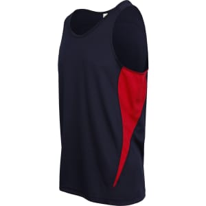 A men's singlet featuring navy and red colours with a logo on the side.