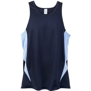 A men's singlet featuring a navy blue body with light blue side panels and a logo.