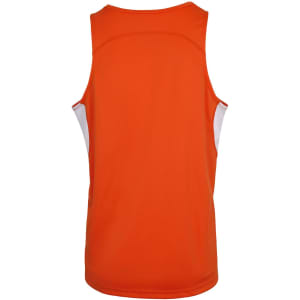 An orange men's singlet featuring white side panels and a branding logo on the back.