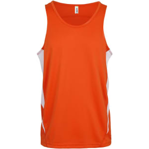 An orange men's singlet with white side panels and a logo, made from cool dry material.
