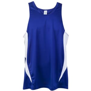 A blue and white men's singlet with a sporty design and a logo on the front.
