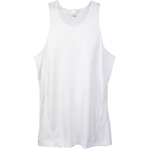 A white men's singlet featuring a sporty design and logo, made from Cool Dry fabric.