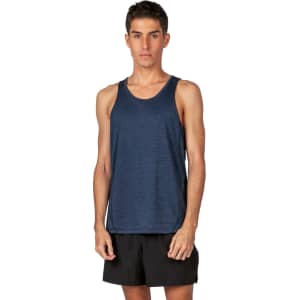 A navy blue men's singlet made from 100% polyester, featuring a logo on the front. The model is standing with a neutral expression.