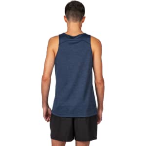 A navy blue men's singlet made of 100% polyester, featuring a simple design and a logo.
