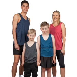 A group of four people wearing various coloured singlets: navy, teal, grey, and red, displaying a casual style.
