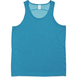 A turquoise singlet made of 100% polyester, featuring a logo on the front.