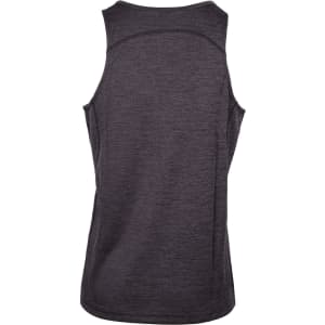 A grey men's singlet made of 100% polyester, featuring a rounded back design and a logo.