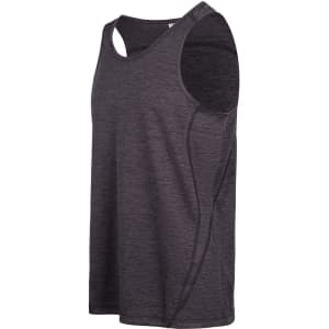 A grey men's singlet made of 100% polyester, featuring a modern cut and shoulder detailing. It has a branding logo.
