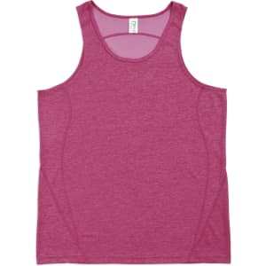 A pink men's singlet made of 100% polyester, featuring a simple design and a logo on the label.