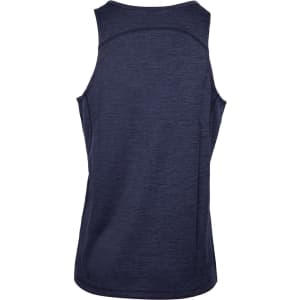 A navy blue men's singlet made from 100% polyester, featuring a back design and a logo.