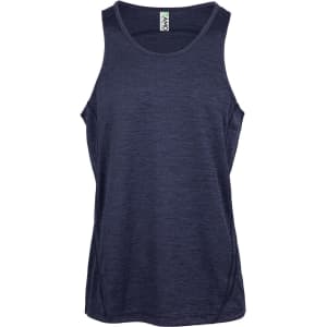A navy blue 100% polyester singlet with a branded label, featuring a simple, sleeveless design.