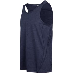 A navy blue men's singlet made from 100% polyester, featuring a logo and a modern design.