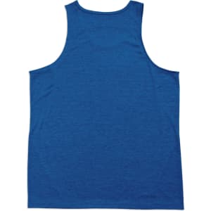 A blue 100% polyester men's singlet with a sleeveless design and a branded logo on the back.